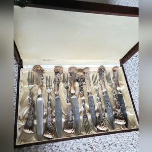 Rostfrei Solingen Germany Natural Antler Fork And Etched Knife Cutlery Set Of 12